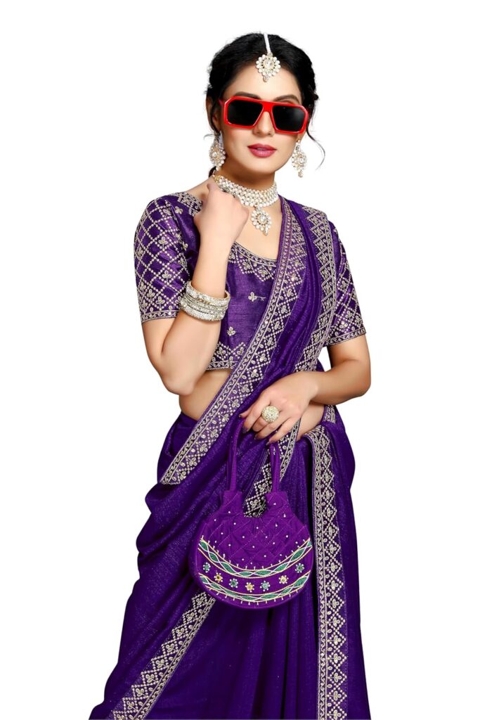 DHARMEE Women’s Elegant Designer Sarees – Premium Vichitra Fabric with Embellished Border, Lightweight and Stylish Ethnic Wear – Perfect for Parties, Weddings, and Festive Occasions