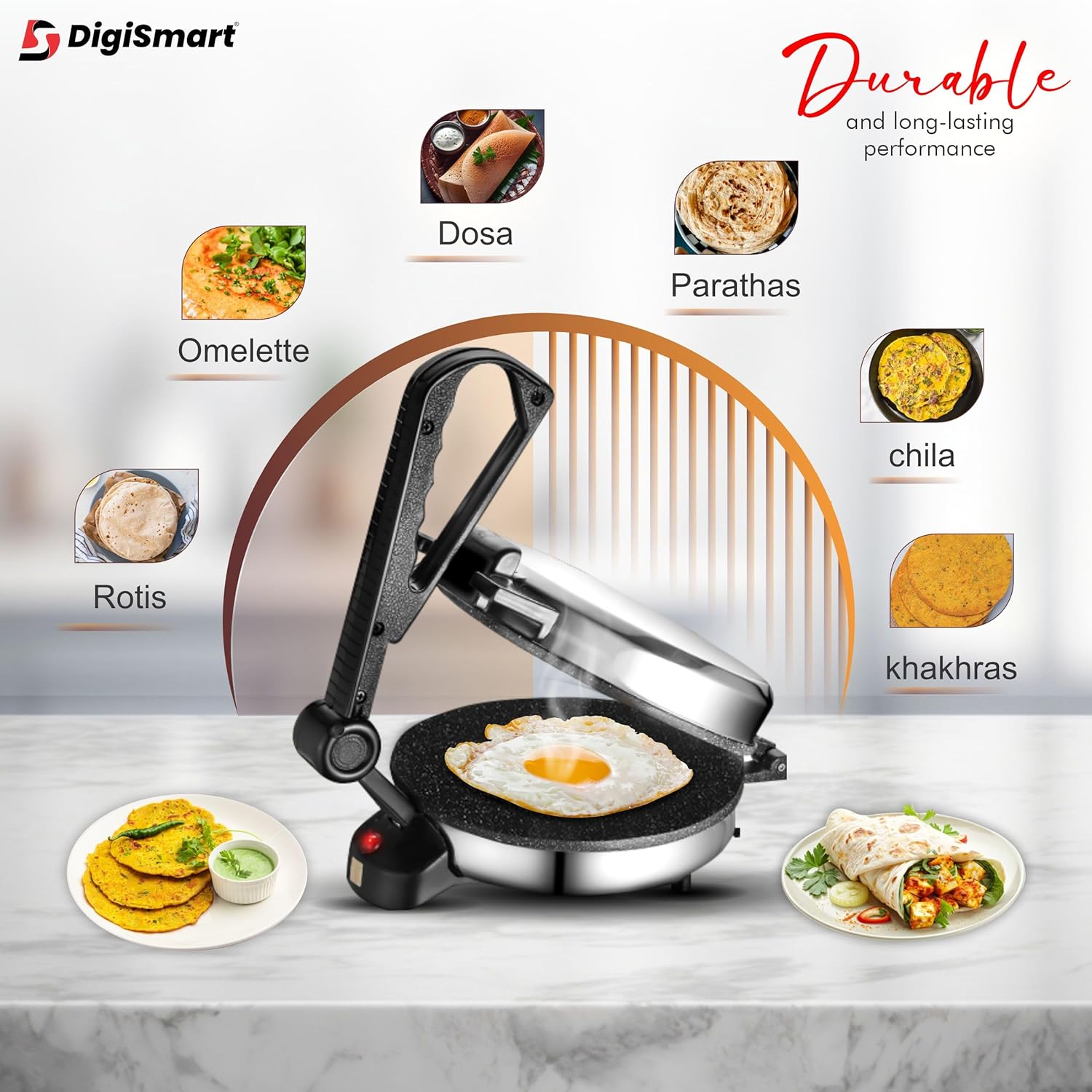 DIGISMART 1000W Electric Roti Maker for Roti/Chapati/Khakra/Paratha/Thepla, Super Smooth Non-Stick Coating, Cool Touch Handle,Fast Heating to ready Quick Meal, Shock Proof Body,1 Year Warranty-Silver