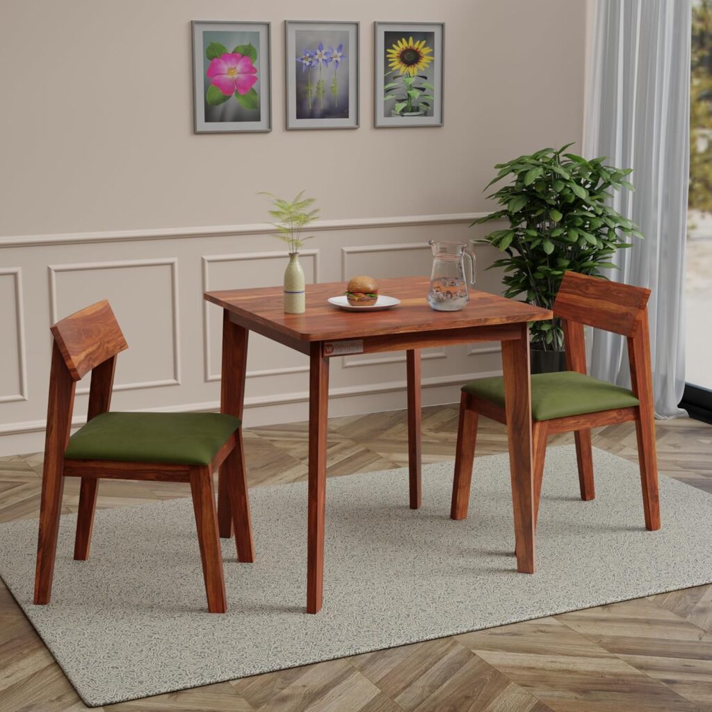 DRIFTINGWOOD Liana 2-Seater Sheesham Wood Dining Table Set – in Natural Honey Finish with Table & 2 Cushioned Chairs – Ideal for Small Kitchens & Compact Living Spaces – Assembly Required (Green) DRIFTINGWOOD Liana 2-Seater Sheesham Wood Dining Table Set – in Natural Honey Finish with Table & 2 Cushioned Chairs – Ideal for Small Kitchens & Compact Living Spaces – Assembly Required (Green)