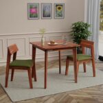 DRIFTINGWOOD Liana 2-Seater Sheesham Wood Dining Table Set – in Natural Honey Finish with Table & 2 Cushioned Chairs – Ideal for Small Kitchens & Compact Living Spaces – Assembly Required (Green)