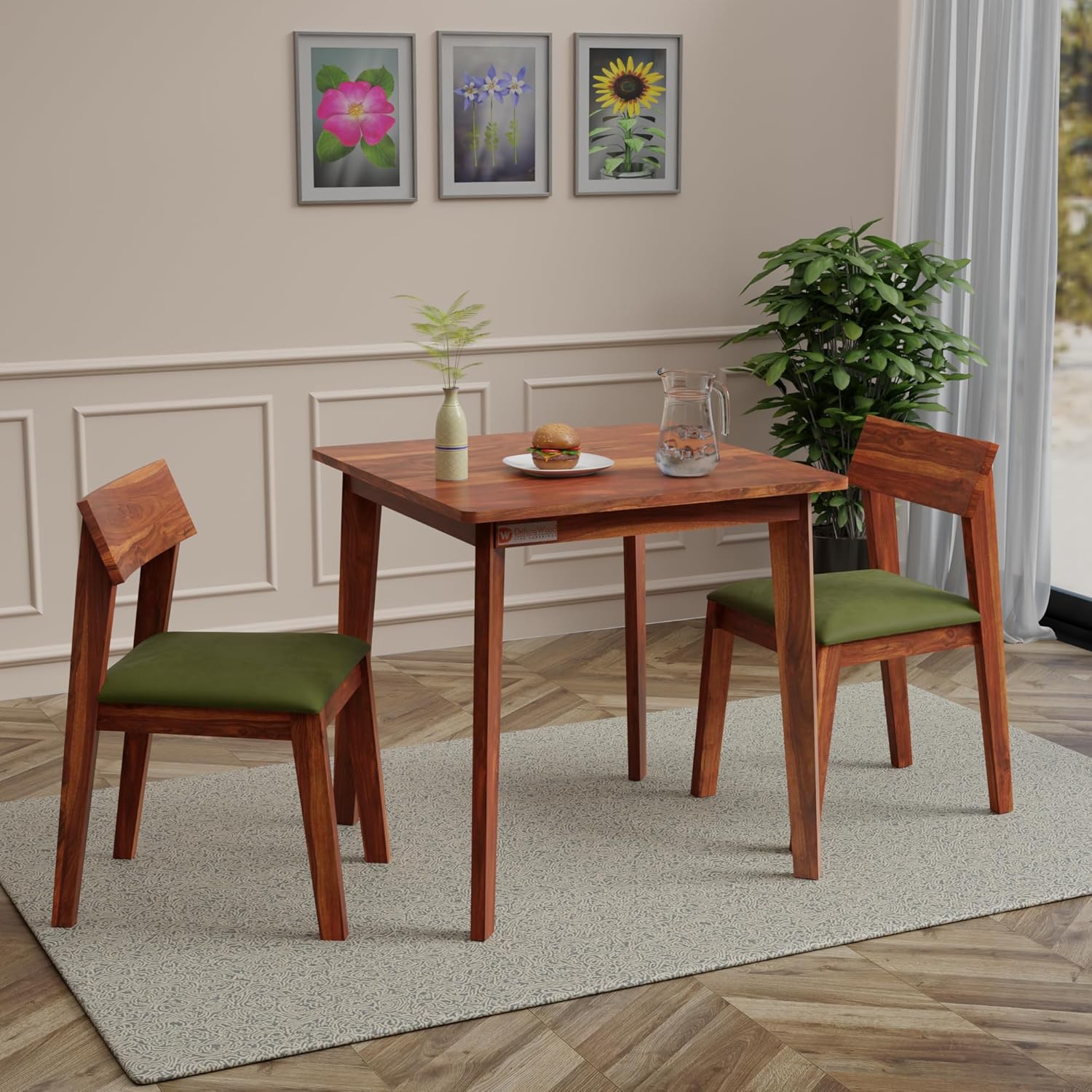 DRIFTINGWOOD Liana 2-Seater Sheesham Wood Dining Table Set – in Natural Honey Finish with Table & 2 Cushioned Chairs – Ideal for Small Kitchens & Compact Living Spaces – Assembly Required (Green)