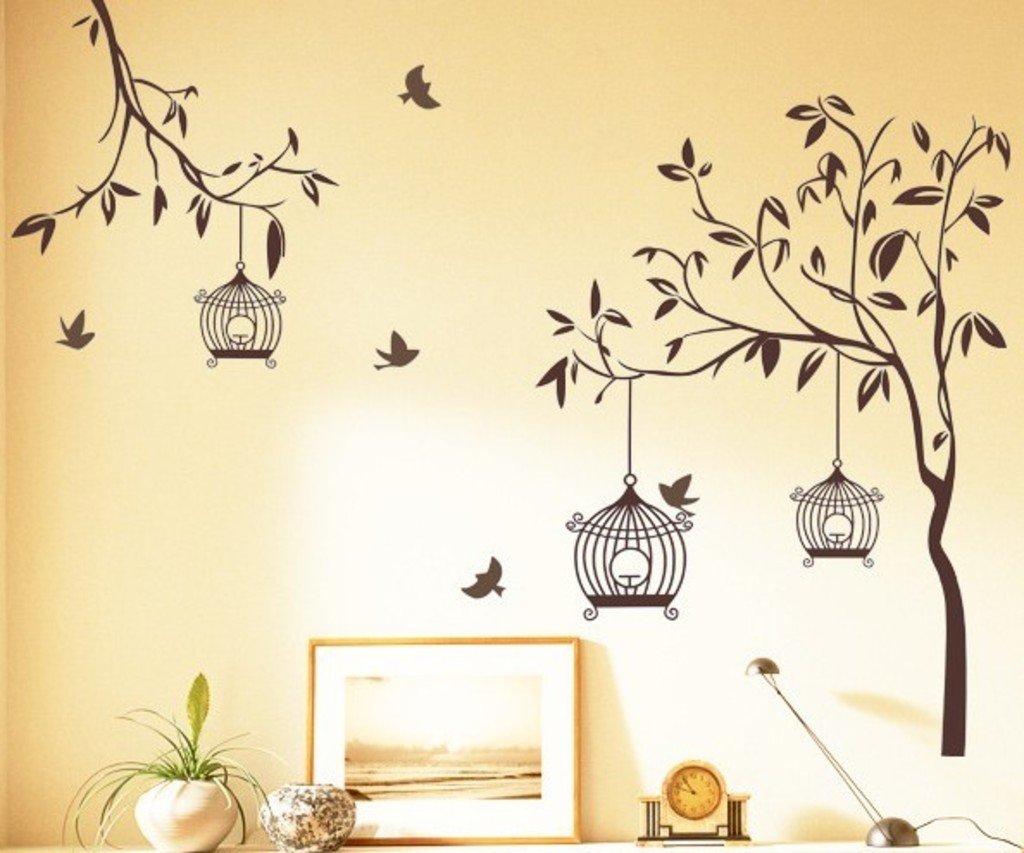 Decals Design ‘Tree with Birds and Cages’ Wall Sticker (PVC Vinyl, 30 cm x 90 cm, Brown)