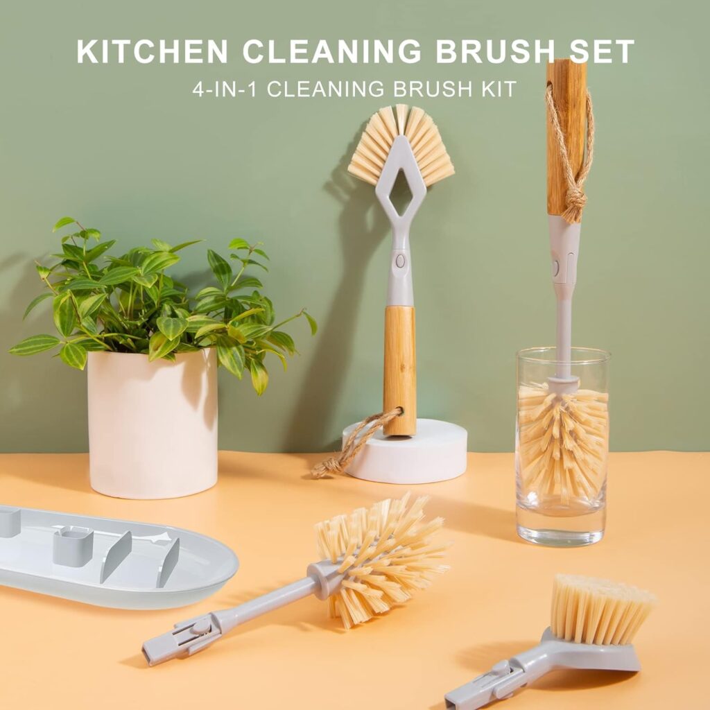Dish Brush Set with Storage Holder, 4-in-1 Kitchen Cleaning Brush Set with 2 Interchangeable Brush Heads&Scrub Sponge Bamboo Handle Bottle Brush, Dish Scrub Brush and Corner Brush for Kitchen
