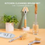 Dish Brush Set with Storage Holder, 4-in-1 Kitchen Cleaning Brush Set with 2 Interchangeable Brush Heads&Scrub Sponge Bamboo Handle Bottle Brush, Dish Scrub Brush and Corner Brush for Kitchen