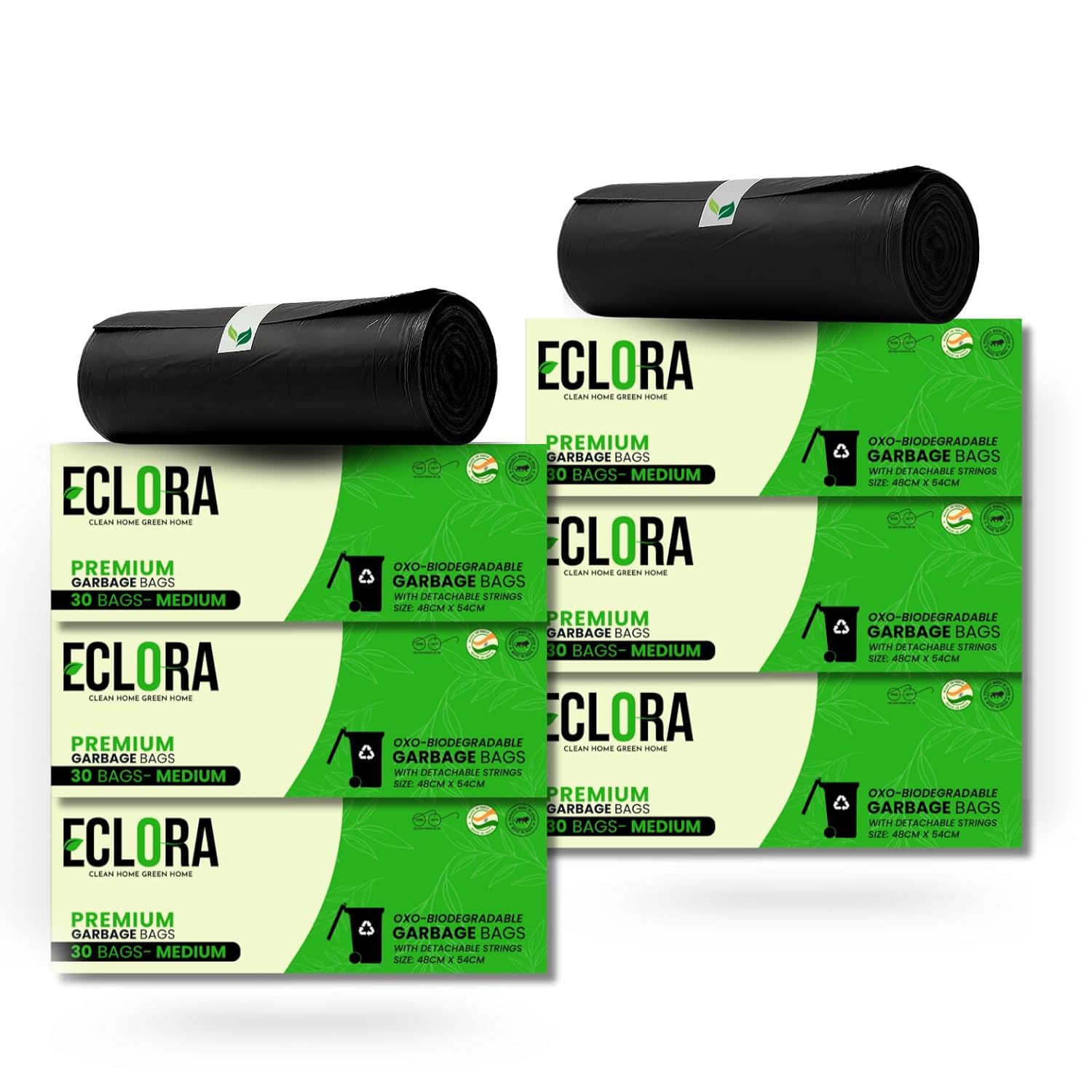 Eclora Premium Garbage Bags | Eco-Friendly | 180 Pcs | Medium | 19 x 21 Inches | 30 Bags x 6 Rolls | Dustbin/Trash Bags with Detachable Drawstrings | For Dry & Wet Waste | Black