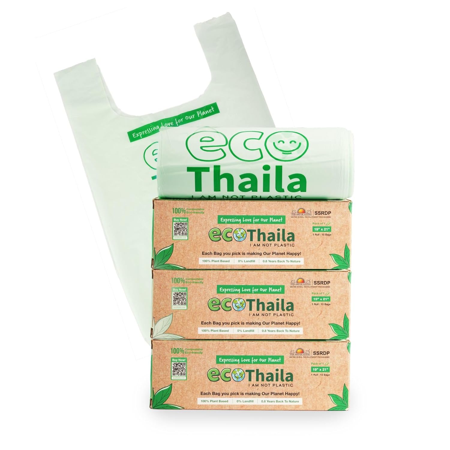 Eco Thaila – ECO Friendly Garbage Bags With Easy-Tie Handles | Pack of 3 (45 bags) | Compostable & Biodegradable | Trash/Dustin Cover | Leak-Proof, No Smell | For Dry & Wet Waste Bag
