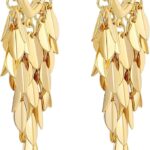 El Regalo Long Tassel Leaf Hoop Earrings for Women and Girls – Chunky Gold Chandelier Leaf Dangle Earrings, Elegant and Chic Huggie Design