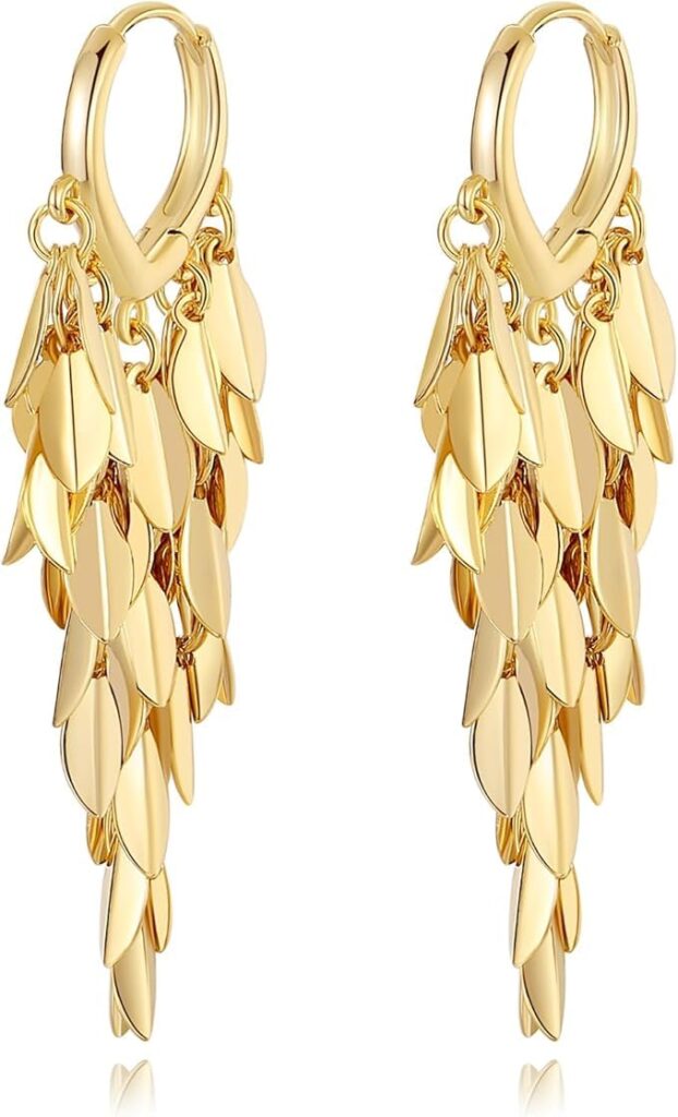 El Regalo Long Tassel Leaf Hoop Earrings for Women and Girls – Chunky Gold Chandelier Leaf Dangle Earrings, Elegant and Chic Huggie Design El Regalo Long Tassel Leaf Hoop Earrings for Women and Girls – Chunky Gold Chandelier Leaf Dangle Earrings, Elegant and Chic Huggie Design
