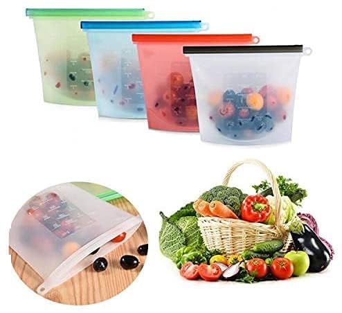 Elcaro 1000 ml Silicone Reusable Leakproof Bpa Free Food Storage Bag For Refrigerator,Air Tight Food Preservation Bag For Fruits Vegetable For Fridge,Meat Storage Bags For Freezer(Multicolour),Seal