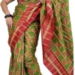 Exotic India Green and Red Ikat Wedding Saree Hand-Woven in Pochampally – Green
