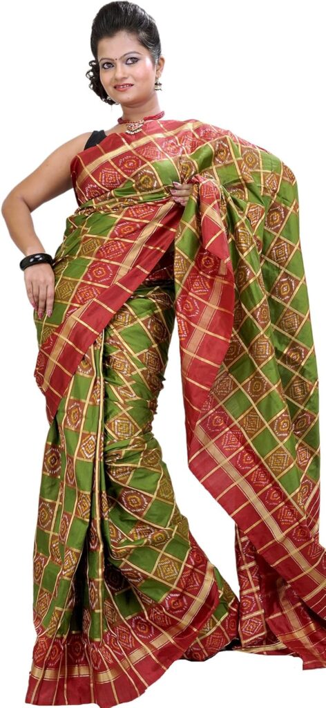 Exotic India Green and Red Ikat Wedding Saree Hand-Woven in Pochampally – Green