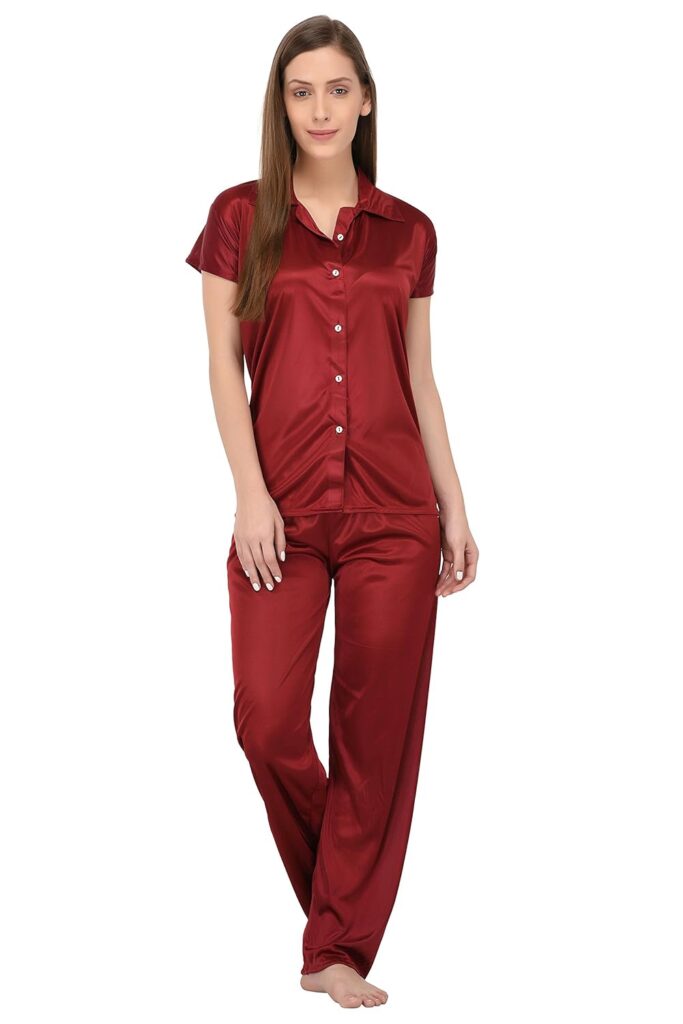 Fabme Women’s Plain Satin Night Suit (Shirt and Pyjama) (Color Options) (Size – Small to 3X-Large)
