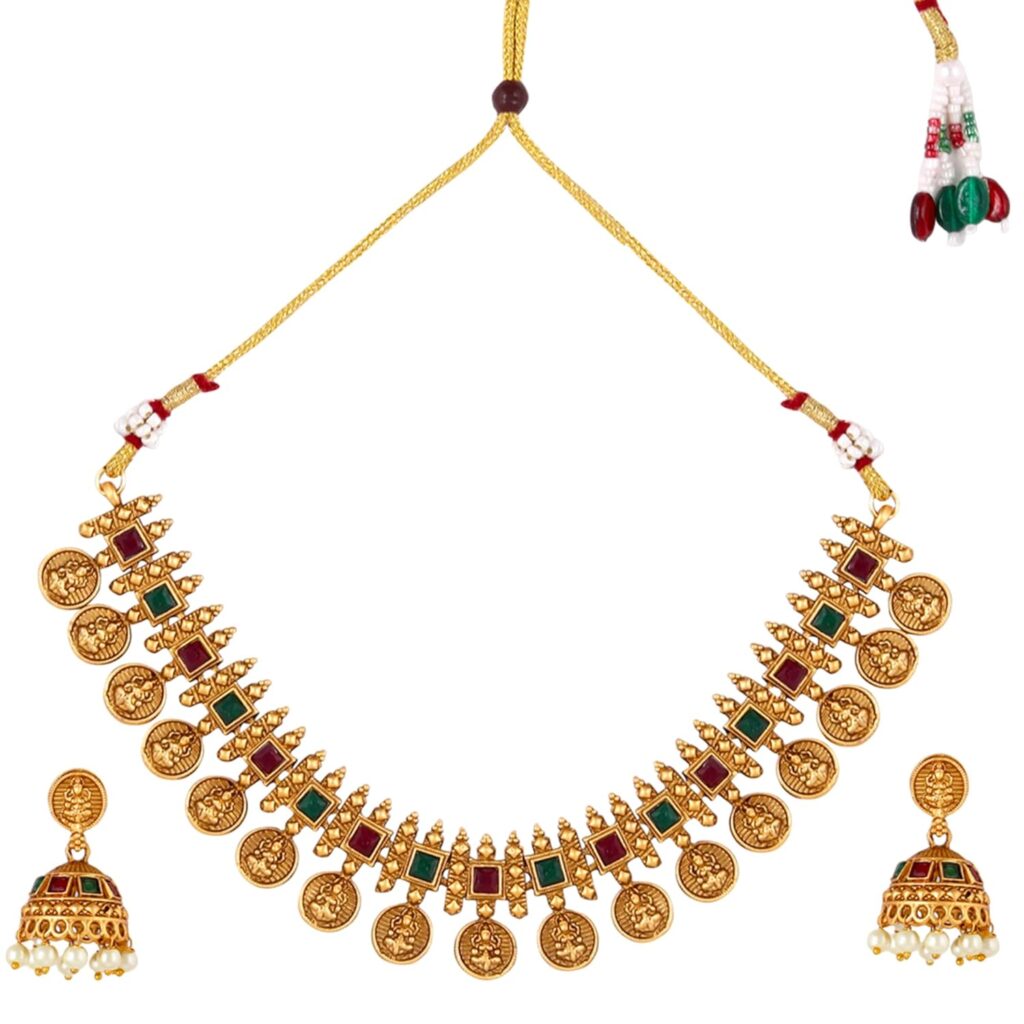 Fashion Frill Necklace Set For Women | Pearls jewellery set for Women | Gold plated Jewellery Set | Temple jewellery set for Womens Traditional