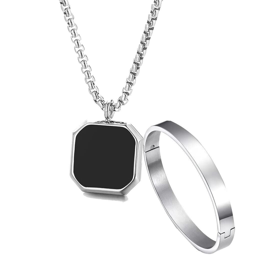 Fashion Frill Silver Chain For Men Stainless Steel Square Silver Chain Pendant with Silver Kada Bracelet For Men Boys Stylish Mens Jewellery