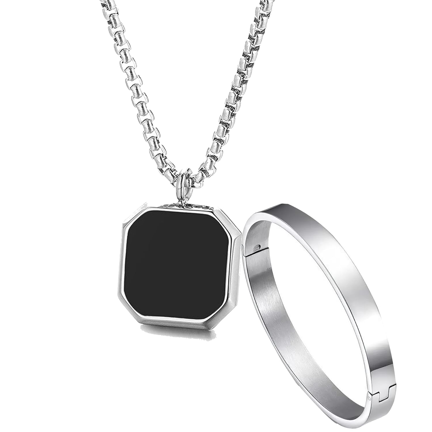 Fashion Frill Silver Chain For Men Stainless Steel Square Silver Chain Pendant with Silver Kada Bracelet For Men Boys Stylish Mens Jewellery