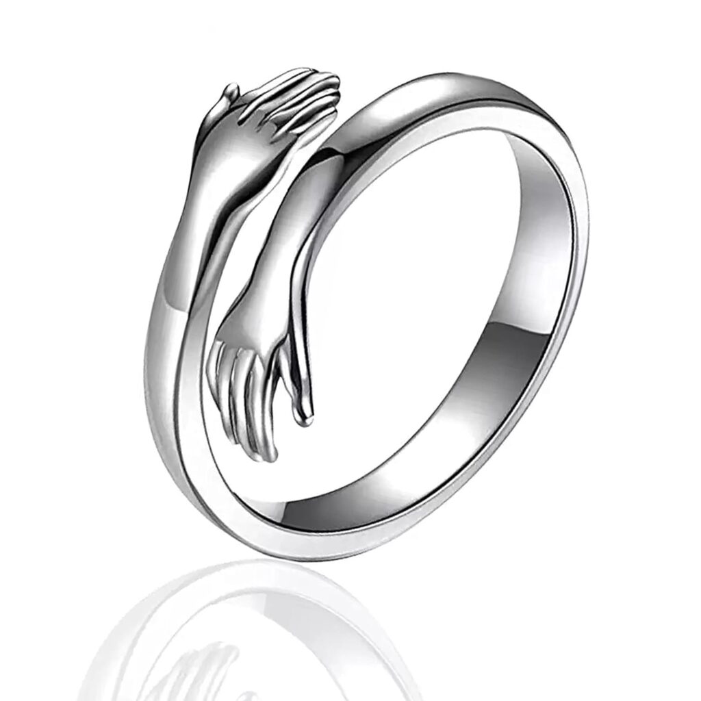 Fashion Frill Silver Couple Ring For Women Men Closed Hand Stainless Steel Promise Silver Hug Ring For Girls Women Men Boys Promise Adjustable Couple Ring Anniversary Love Gifts Jewellery