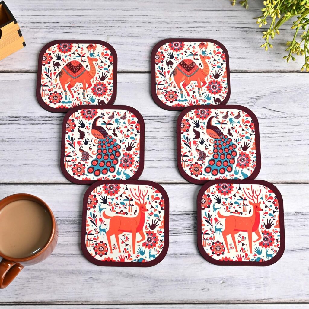 GKD Coaster Set of 6 Colourful India Theme Design Wooden Coasters to Serve Tea Cups, Coffee Mugs and Glasses (3.5 x 3.5 inch) (Square) (Ecofriendly)