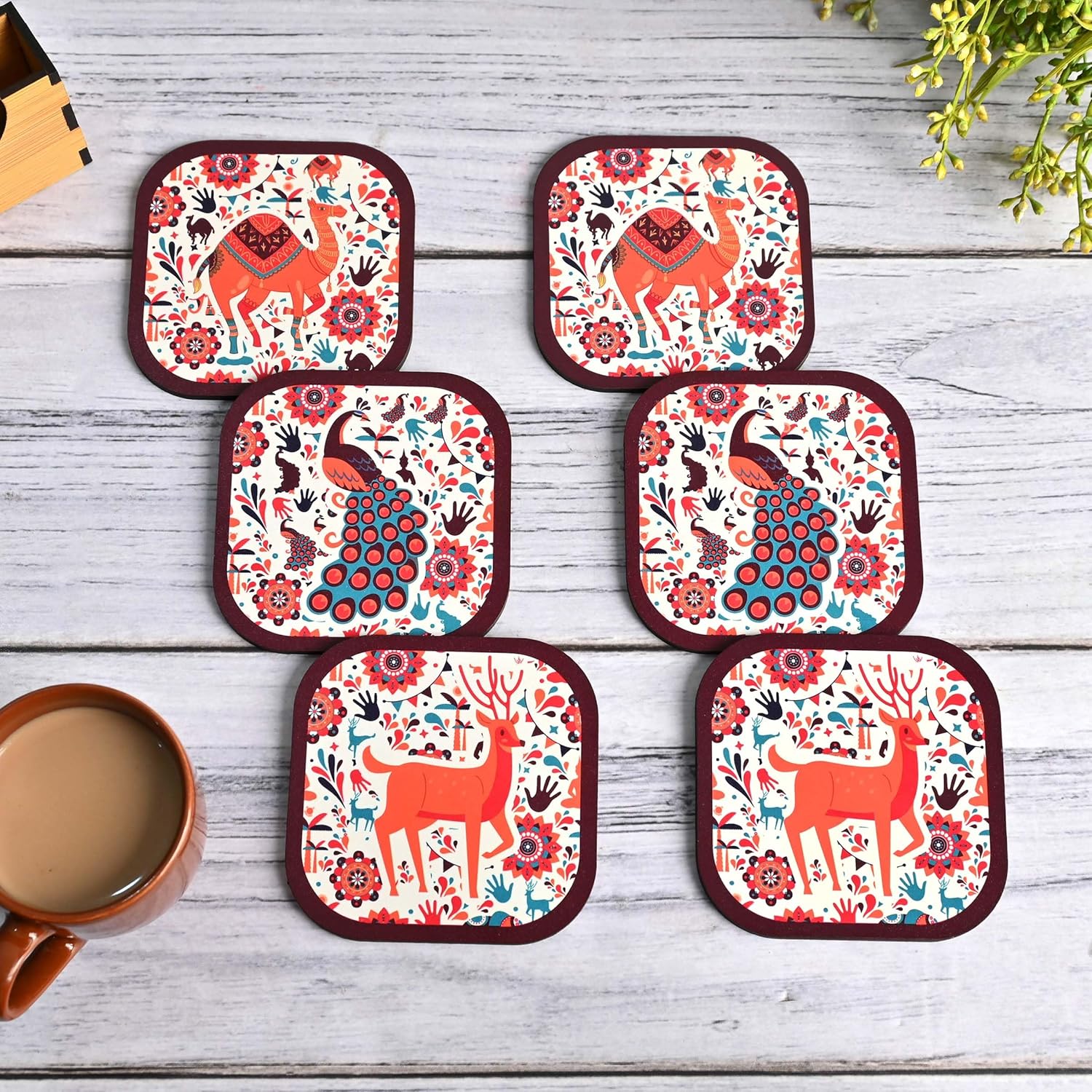 GKD Coaster Set of 6 Colourful India Theme Design Wooden Coasters to Serve Tea Cups, Coffee Mugs and Glasses (3.5 x 3.5 inch) (Square) (Ecofriendly)