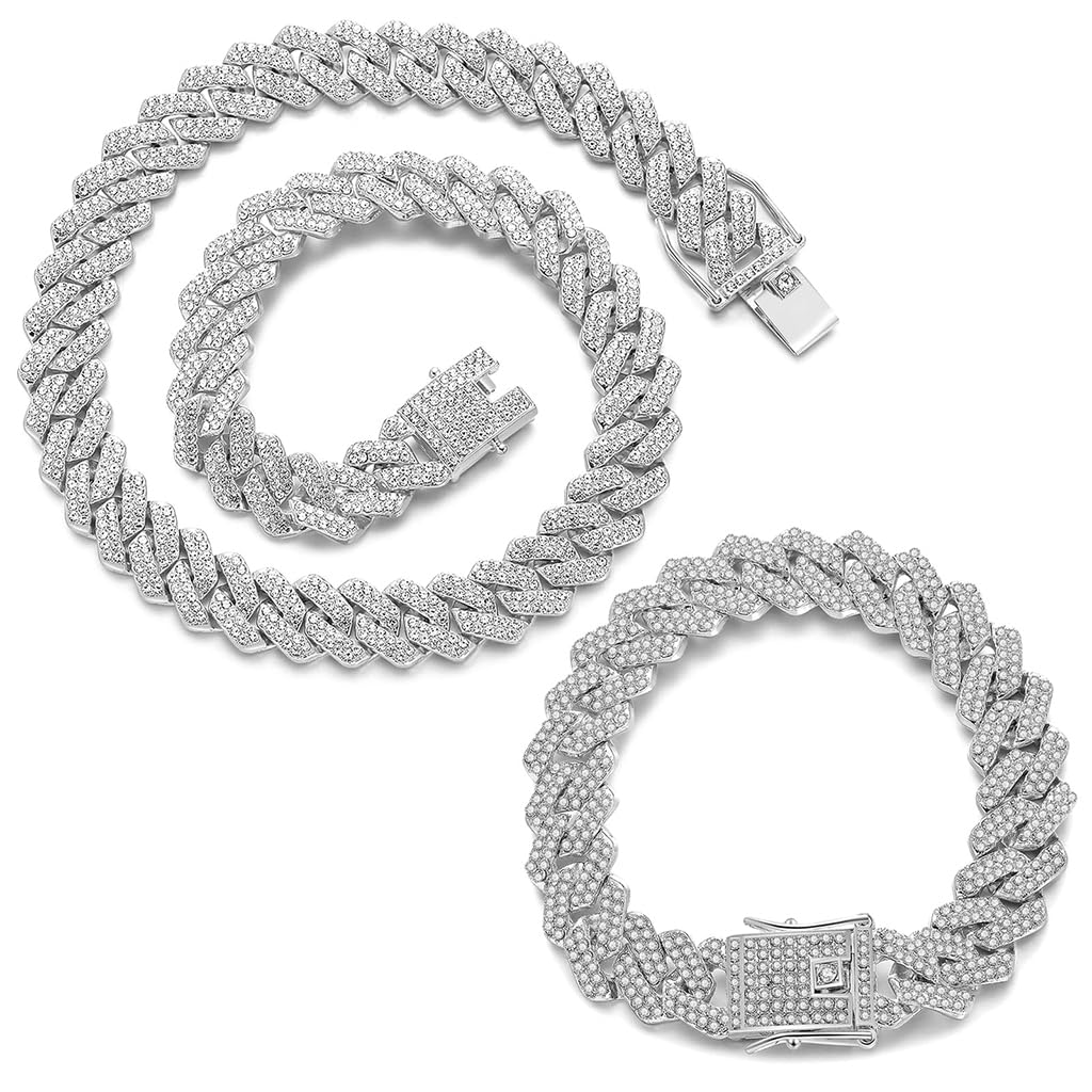 GUSTAVE® 2Pcs Cuban Link Chain for Men Silver Necklace and Bracelet Miami Cuban Chains Bling Crystal Chain for Hip Hop Jewelry