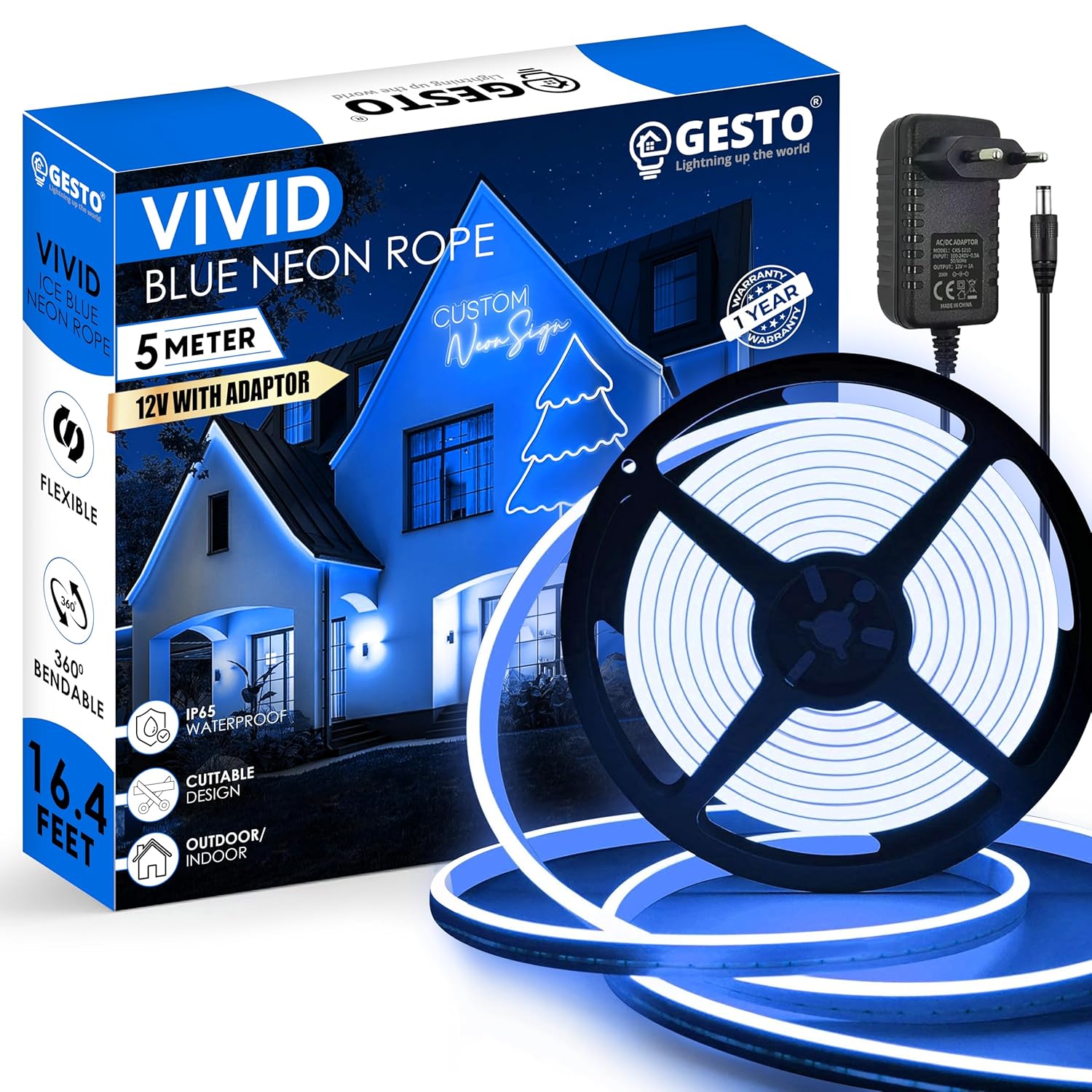 Gesto 16.4 Ft Neon LED Strip Light with 12V Adapter | Waterproof, Flexible & Cuttable Rope Light for Diwali Decor, Wall Decor, Indoor Outdoor Lighting, Neon Sign Board & Custom Name Design – Blue