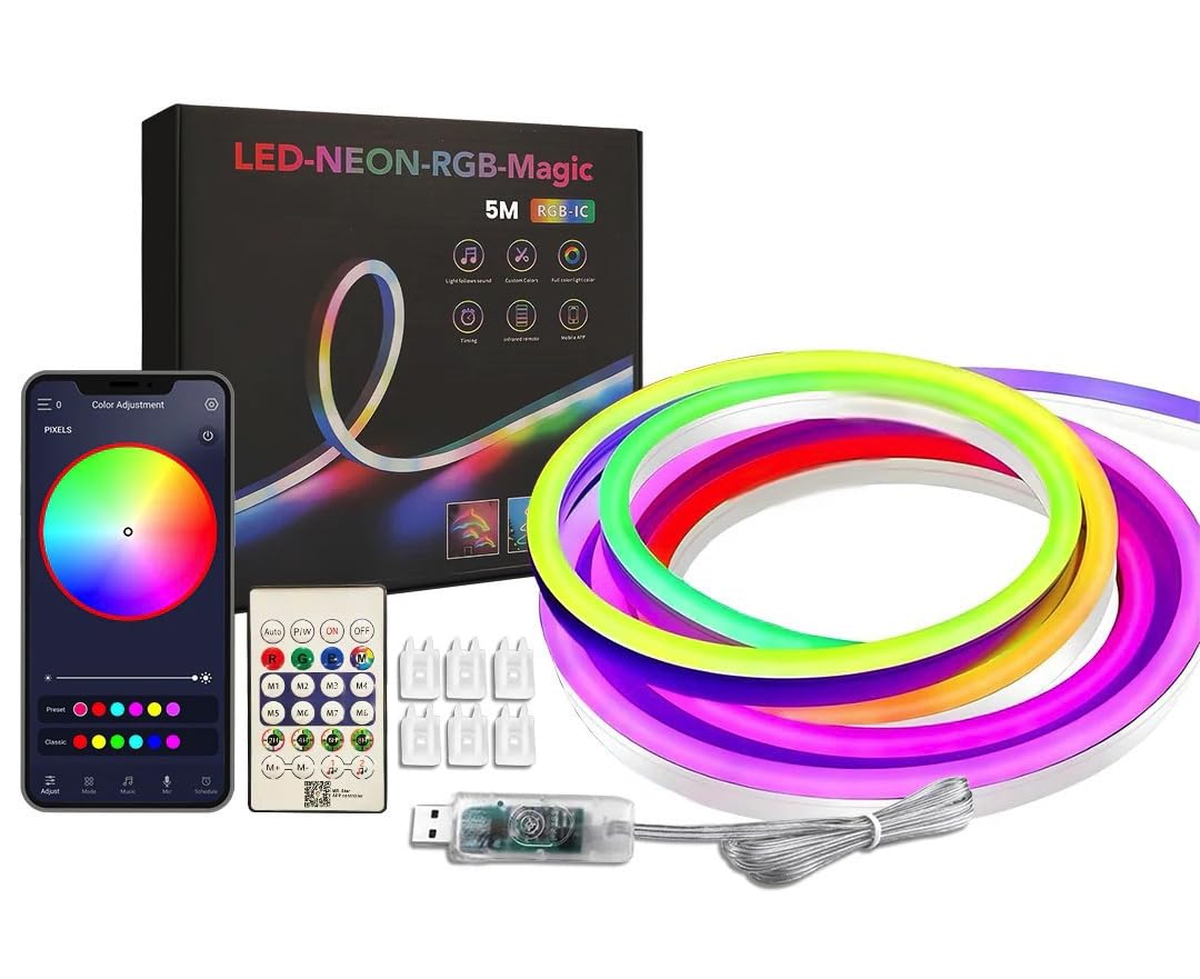 Groeien 5 Meter USB Powered Flexible Smart RGBIC Neon Flex LED Strip Lights with App & Remote-Control, Music Sync LED Strip, Silicone Rope Light for Home Decoration, Diwali, Christmas