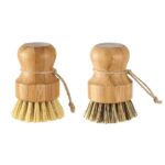 HEALLILY 2Pcs Bamboo Dish Scrub Brushes Wooden Kitchen Dish Brush Bamboo Palm Brush for Dishes Pots Pans Kitchen