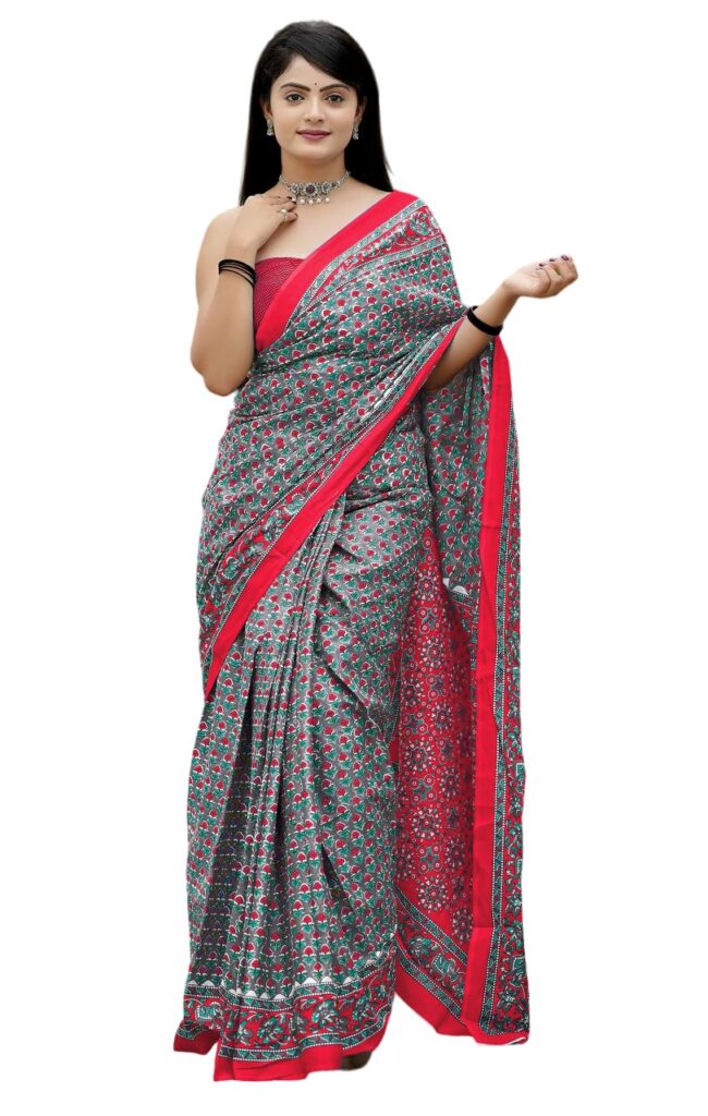 HMP Fashion Women’s Ikat Hand Block Print Design Jaipuri Print Cotton Mulmul Saree with unstitch Blouse Piece