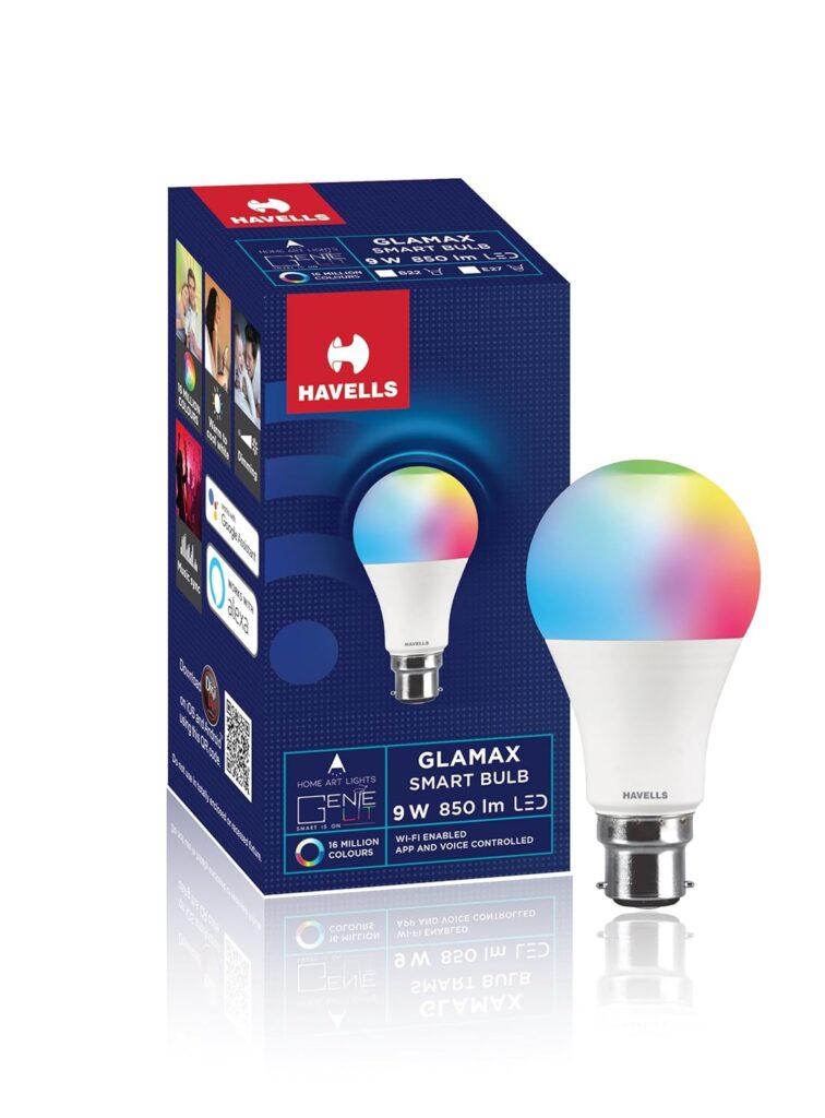 Havells Glamax 9W B22 WiFi LED Smart Bulb with Music Sync Function, Compatible with Amazon Alexa and Google Assistant (16M Colours) Havells Glamax 9W B22 WiFi LED Smart Bulb with Music Sync Function, Compatible with Amazon Alexa and Google Assistant (16M Colours)