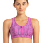 Jockey MI02 Women’s Sports Bra | Wirefree | Padded | Full Coverage | Printed | Racer Back Front Zipper Styling | Microfiber Elastane Fabric