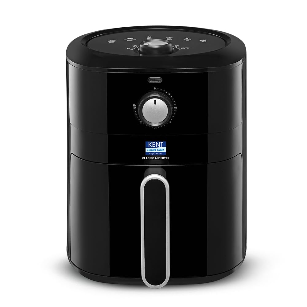 KENT 16096 Classic Hot Air Fryer 4L 1300 W | 80% Less Oil | Instant Electric Air Fryer | Auto Cut Off | Fry, Grill, Roast, Steam, and Bake | 1 Year Warranty | Black
