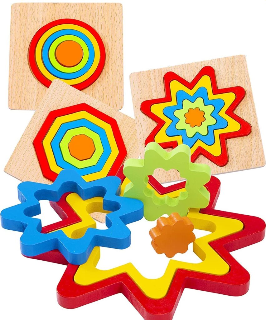 KLIFFOO Toddler Puzzles Games Wooden Toys Montessori Rainbow Shape Sorting Puzzle Toys Toddlers Activities Preschool Learning Early Educational Birthday Gift Travel For Kids Age 1 2 3 4 Year Old