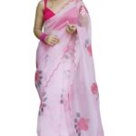 KUDEEO FASHION Women’s Organza Floral Printed Saree with Mirror Work & Scallop Border | Lightweight Designer Saree