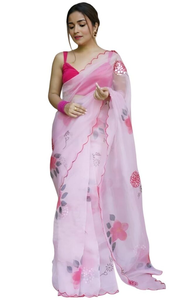 KUDEEO FASHION Women’s Organza Floral Printed Saree with Mirror Work & Scallop Border | Lightweight Designer Saree