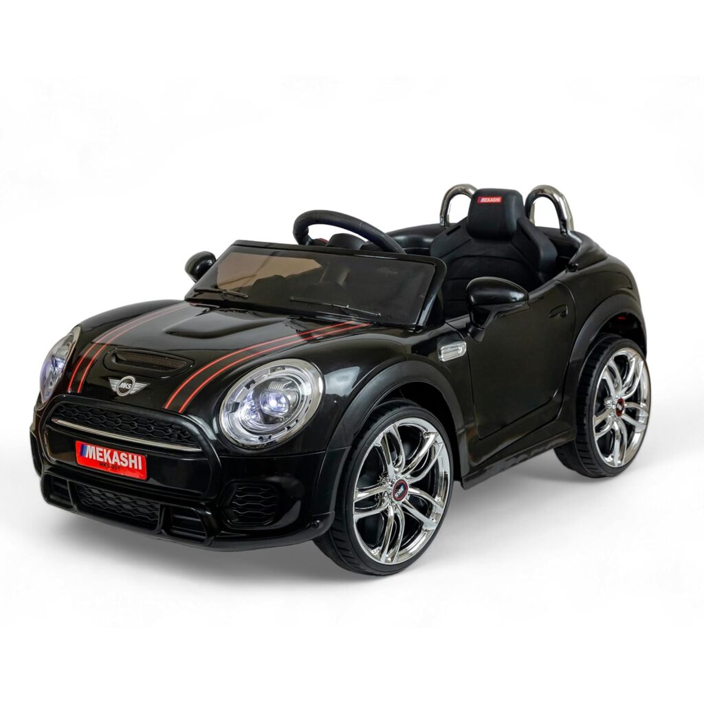 MEKASHI Electric Ride on Car for Kids, Parental Remote, 12V Rechargeable Battery, 3 Speed, LED Lights, Music, Bluetooth, 1 to 7 Years, Swing Function, Long Wheelbase, ISI Mark, MKS001-Black