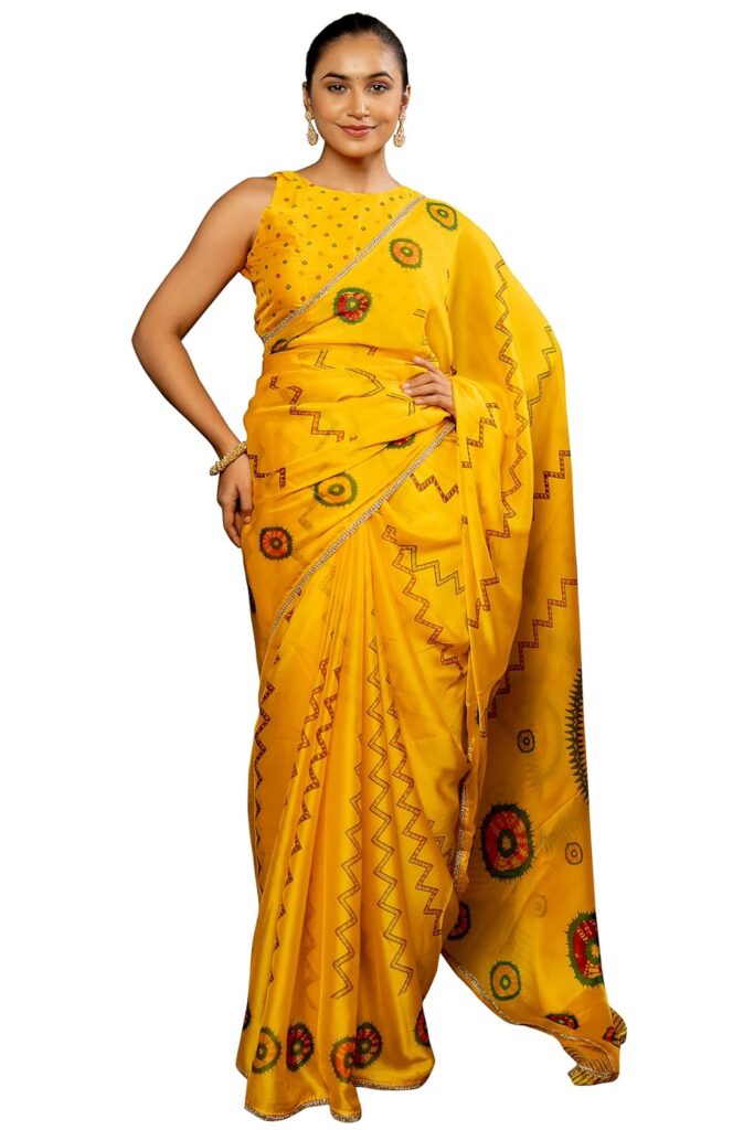 MIRCHI FASHION Women Ready to Wear Chiffon Chevron Printed Saree with Blouse Piece | Pre Draped Farewell Sari