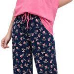 Max Women Nylon Printed T-Shirt with Drawstring Waist Relaxed Pajamas