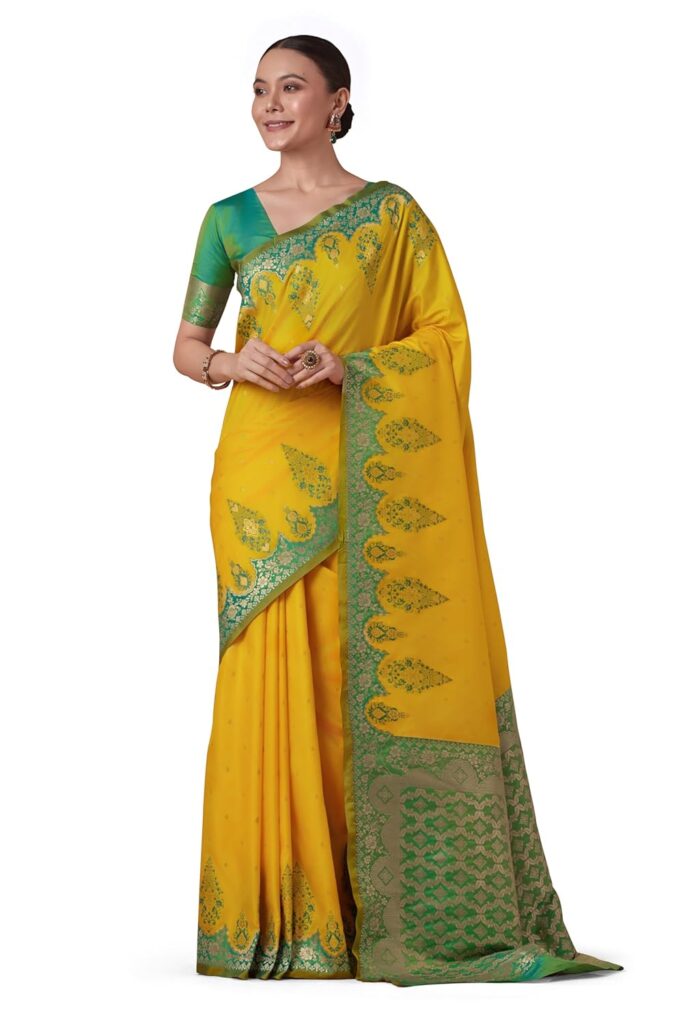 Monjolika Fashion Women’s Luxurious Banarasi Soft Silk Saree with Zari Woven Rich Brocade Design comes with Unstitched blouse Piece