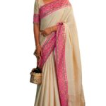 NK Textiles Women’s All Over Geometric Zari Woven with Contrast Pochampally Border Kanjivaram Silk Saree with Blouse (6 COLORS)