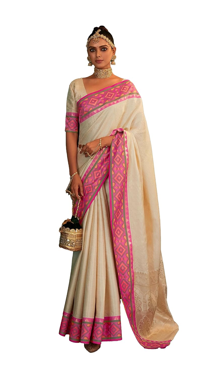 NK Textiles Women’s All Over Geometric Zari Woven with Contrast Pochampally Border Kanjivaram Silk Saree with Blouse (6 COLORS)