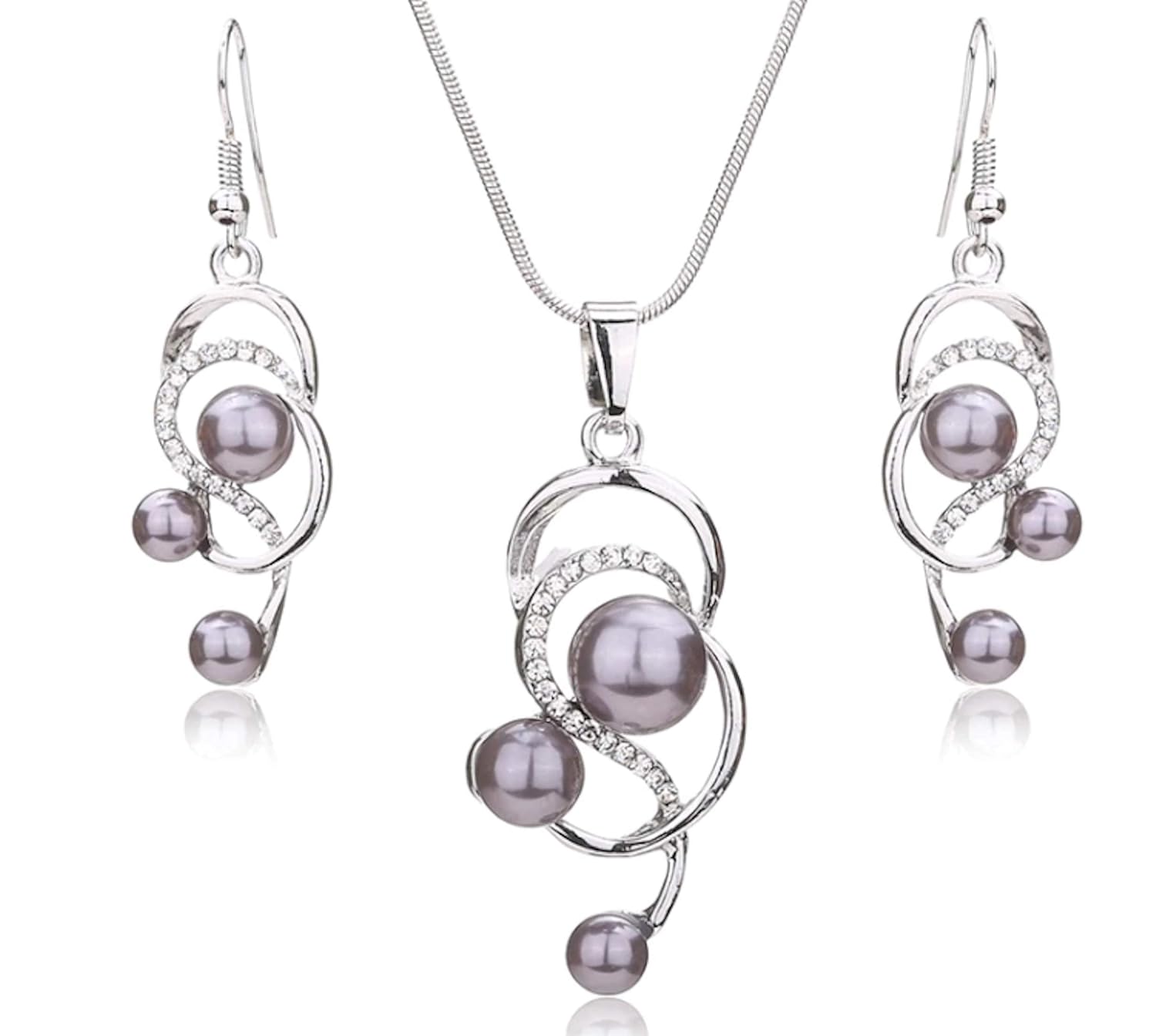 Nilu’s Collection Platinum Plated Grey Simulated Pearl Fine African Beads Jewelry Set for Women Crystal Necklace Earrings