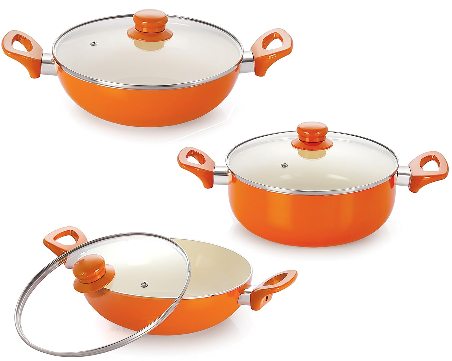 Nirlon Ceramic Cookware Set, 3-Pieces, Orange (CC_DKD24_DKD26_Cas22)