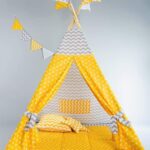 Nyra Decor Portable Teepee Tents with Padded Mat and Cushions Free Kit Bag For 2 – 14 Year Old Kid Grey Yellow