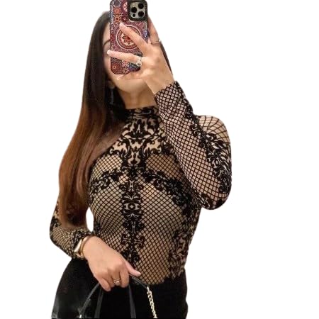 PEEPERLY Bodysuit for Women Outt Sheer Slim Fit 100% Polyester Lace Print Full Sleeves Mock Neck Comfortable & Stylish Top (Black)