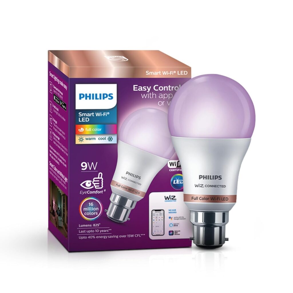 Philips Wiz Wi-Fi Enabled B22 9-Watt LED Smart Bulb, Compatible with Amazon Alexa and Google Assistant(16M Colours +Shades of White + Dimmable + Tunable),Pack of 1