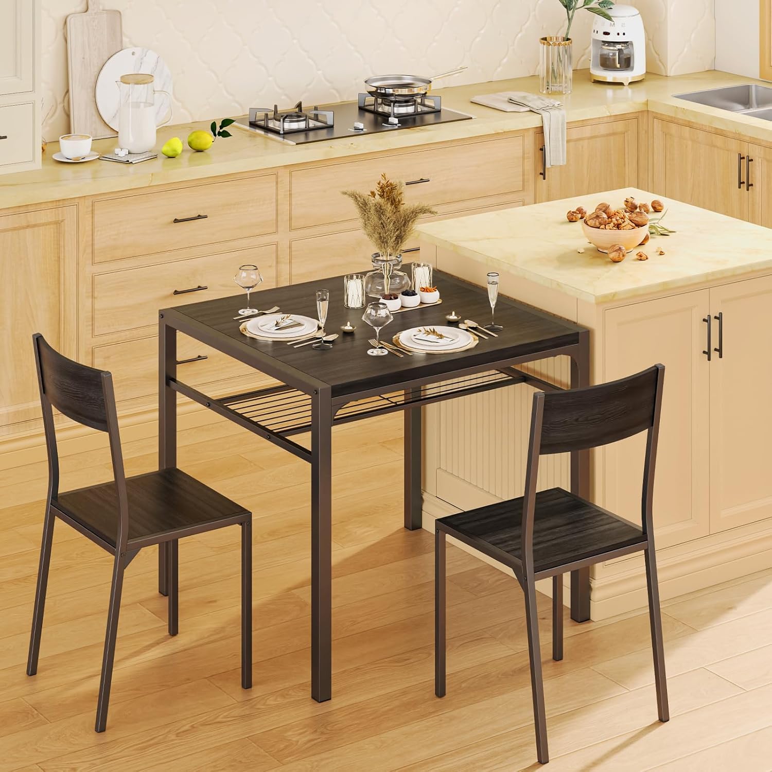 Priti Dining Table Set for 2, 3 Piece Kitchen Table with 2 Chairs for Small Space, Apartment, Kitchen, Dining Room, Space-Saving