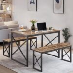 Priti Kitchen Table with 2 Benches for 4, 43.3” Wood Dining Room Dinette Sets with X Metal Frame for Breakfast Nook and Small Space, Brown