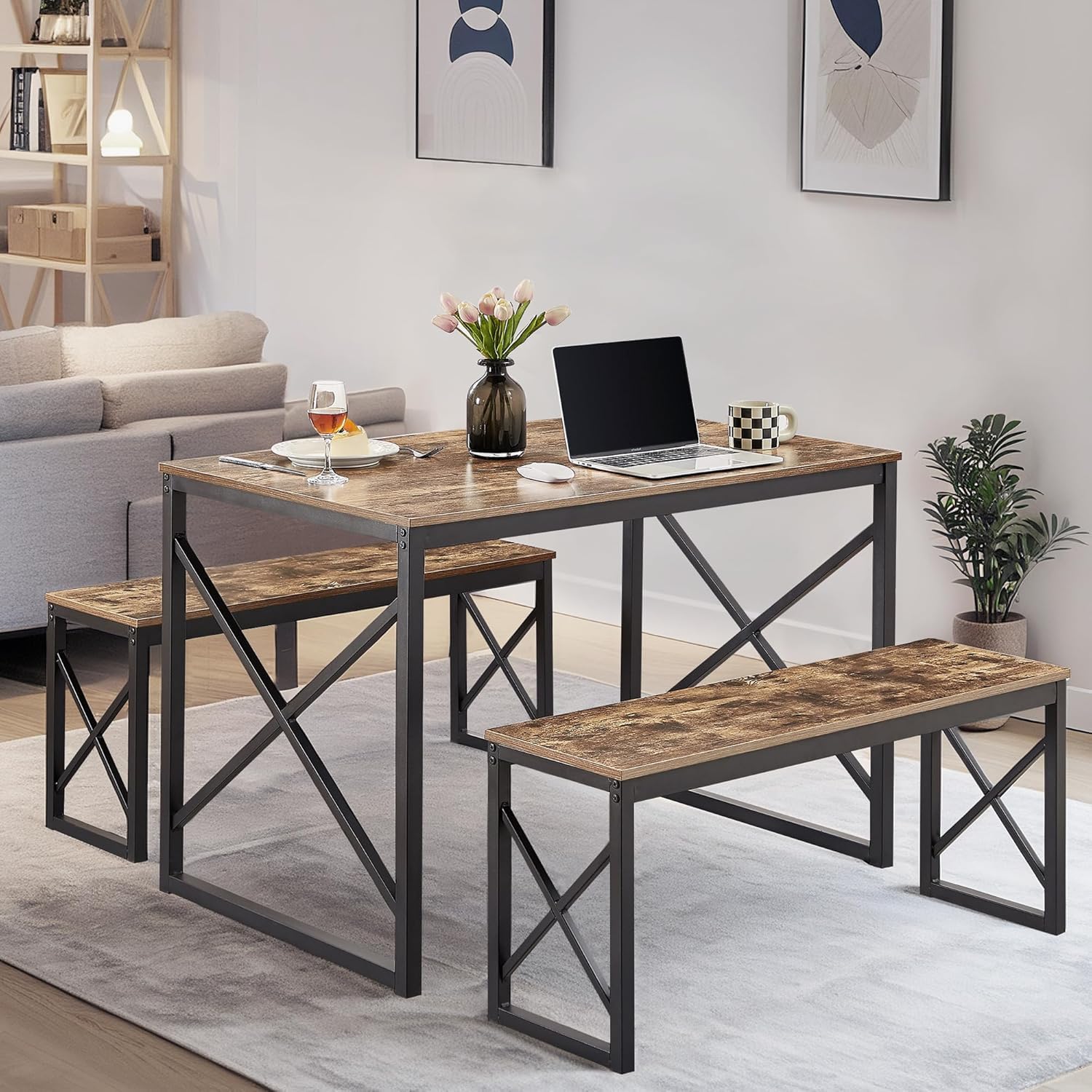 Priti Kitchen Table with 2 Benches for 4, 43.3” Wood Dining Room Dinette Sets with X Metal Frame for Breakfast Nook and Small Space, Brown