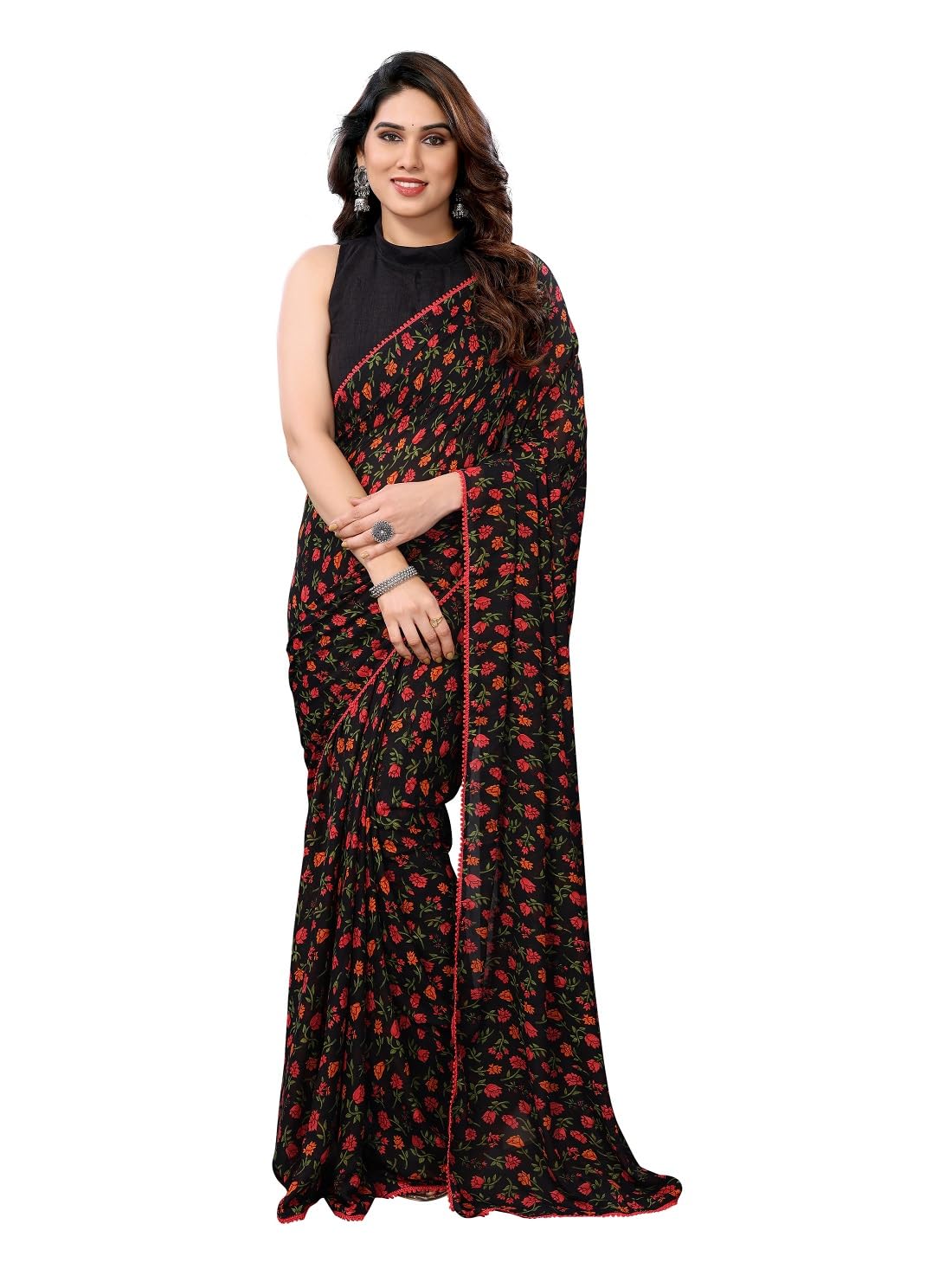 RAJESHWAR FASHION WITH RF Readymade Pleated Pre Drape Stitched Floral Printed Georgette Saree For Women’s With Lace Border & Blouse(Ready To Wear One Minute)