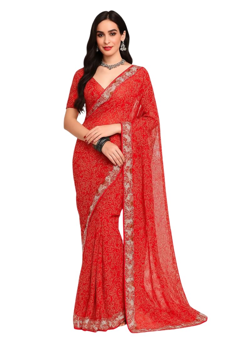 RATAN Women’s Georgette Bandhani Printed Sequence Embroidery Lace Saree With Unstitched Blouse Piece