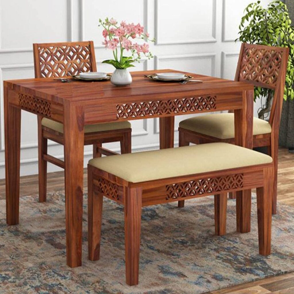 Ramdoot Furniture Solid Sheesham Wood Dining Table Set 4 Seater | Four Seater Dining Table 4 Seater with 2 Cushion Chairs & 1 Bench for Living Room | 4 Seater Dining Set for Hotel Restaurant | Honey